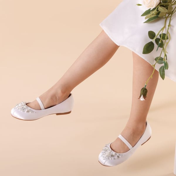 Girl's Mary Jane Pearl Ballerina Flats - WHITE - 1